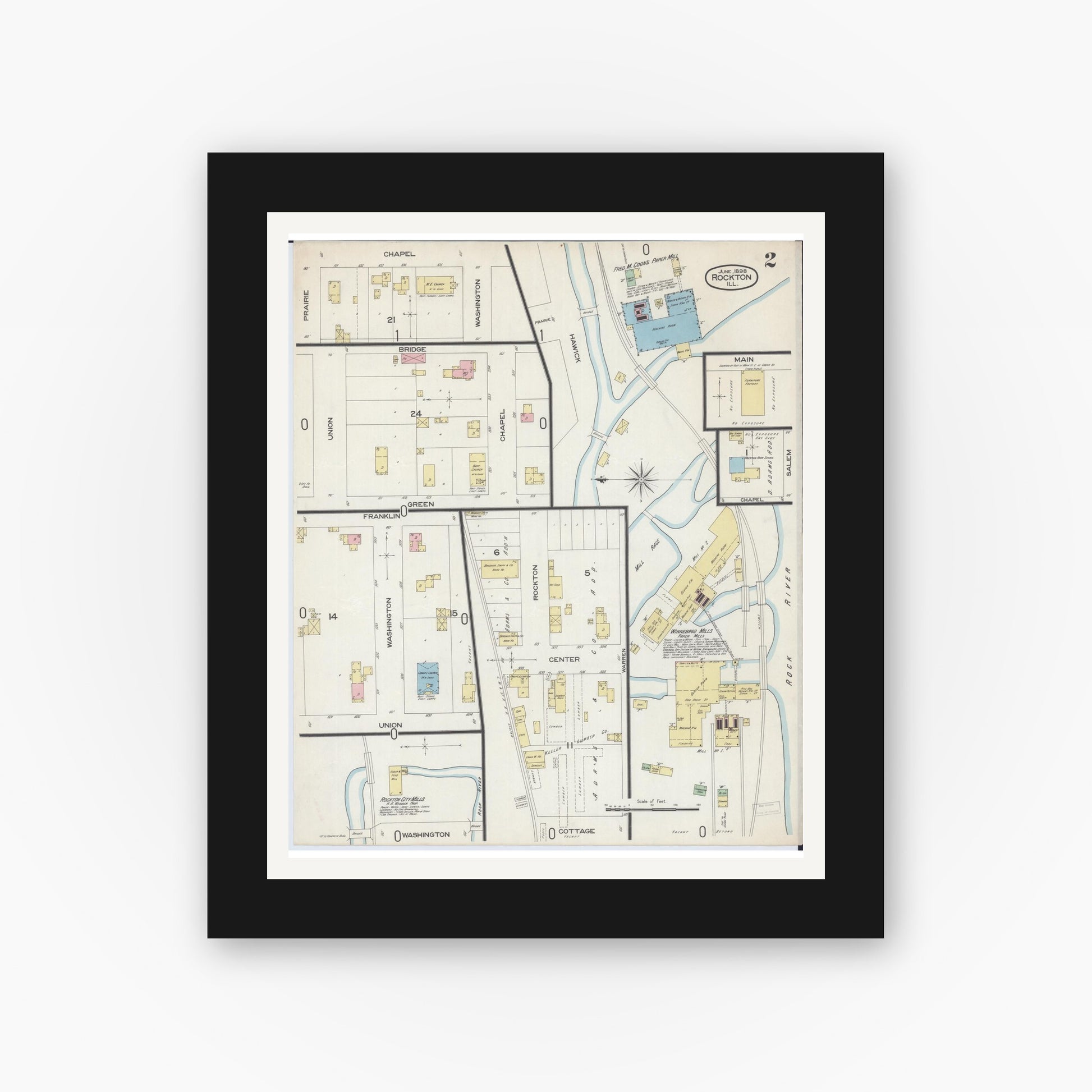 Old map wall art mockup — black gallery frame with white mat — Sanborn Fire Insurance Map from Rockton, Winnebago County, Illinois (1898), Sheet #0002