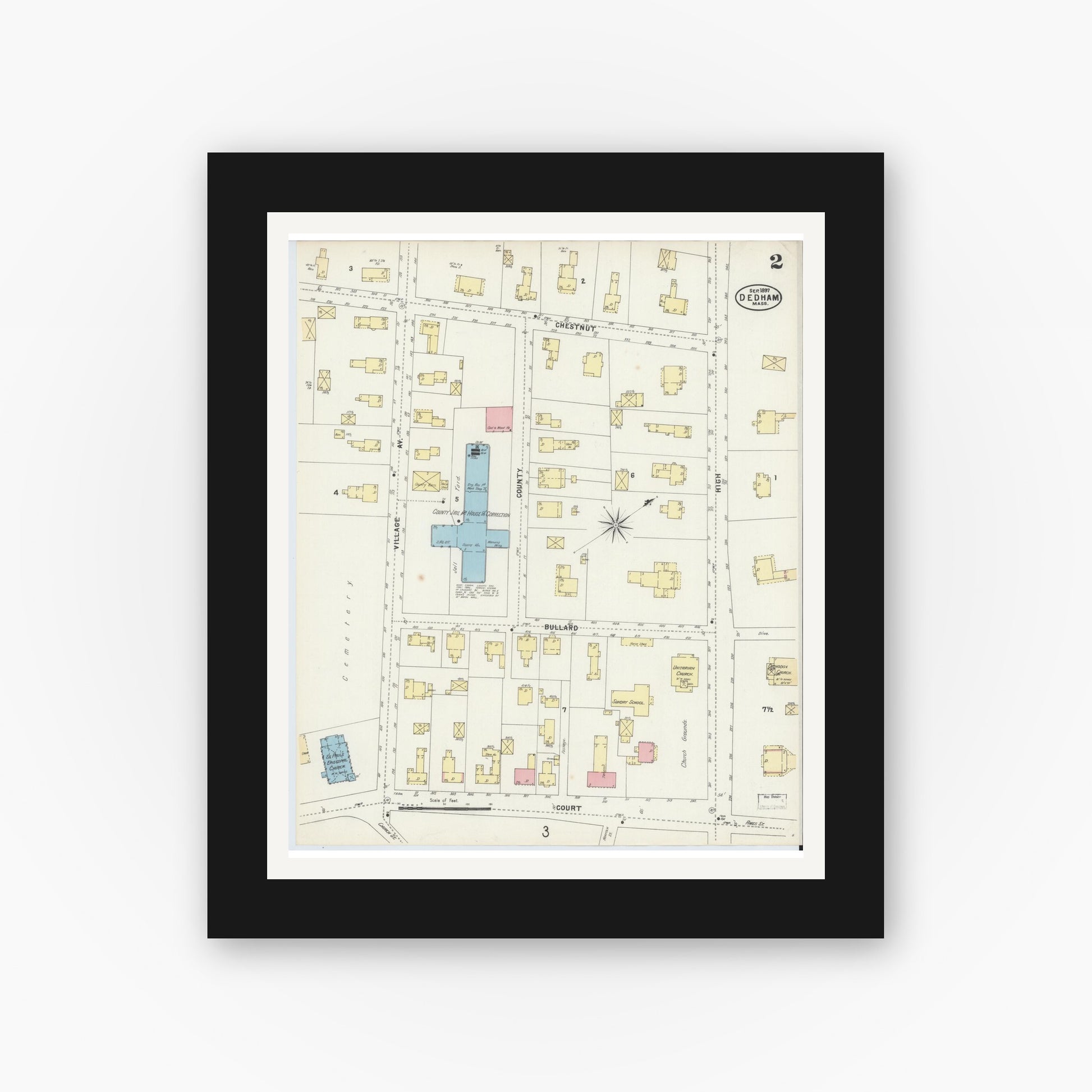 Old map wall art mockup — black gallery frame with white mat — Sanborn Fire Insurance Map from Dedham, Norfolk County, Massachusetts (1897), Sheet #0002
