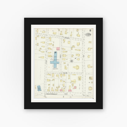 Old map wall art mockup — black gallery frame with white mat — Sanborn Fire Insurance Map from Dedham, Norfolk County, Massachusetts (1897), Sheet #0002