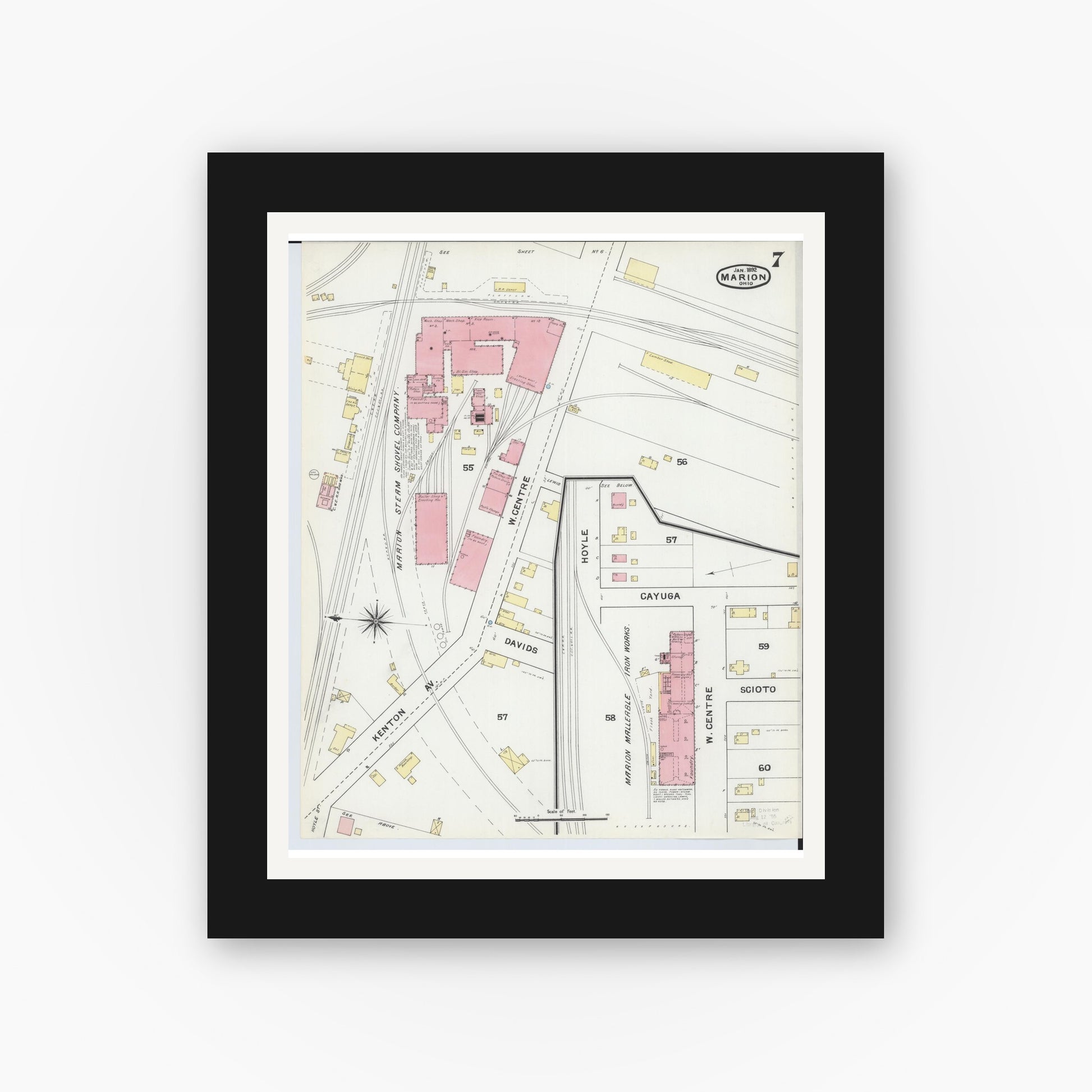 Old map wall art mockup — black gallery frame with white mat — Sanborn Fire Insurance Map from Marion, Marion County, Ohio (1892), Sheet #0007