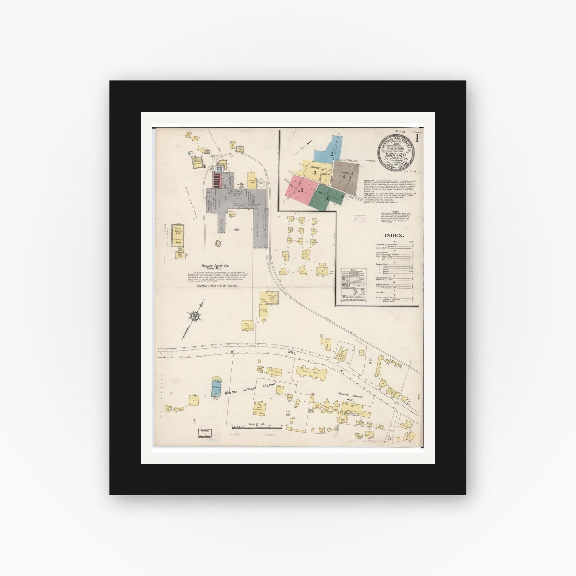 Old map wall art mockup — black gallery frame with white mat — Sanborn Fire Insurance Map from Wailuku, Maui County, Hawaii (1914), Sheet #0001
