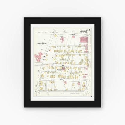 Old map wall art mockup — black gallery frame with white mat — Sanborn Fire Insurance Map from Greensburg, Westmoreland County, Pennsylvania (1909), Sheet #0013