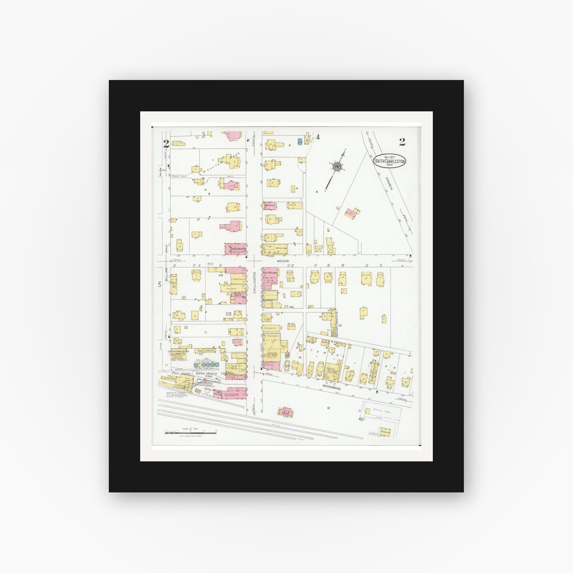 Old map wall art mockup — black gallery frame with white mat — Sanborn Fire Insurance Map from South Charleston, Clark County, Ohio (1927), Sheet #0002
