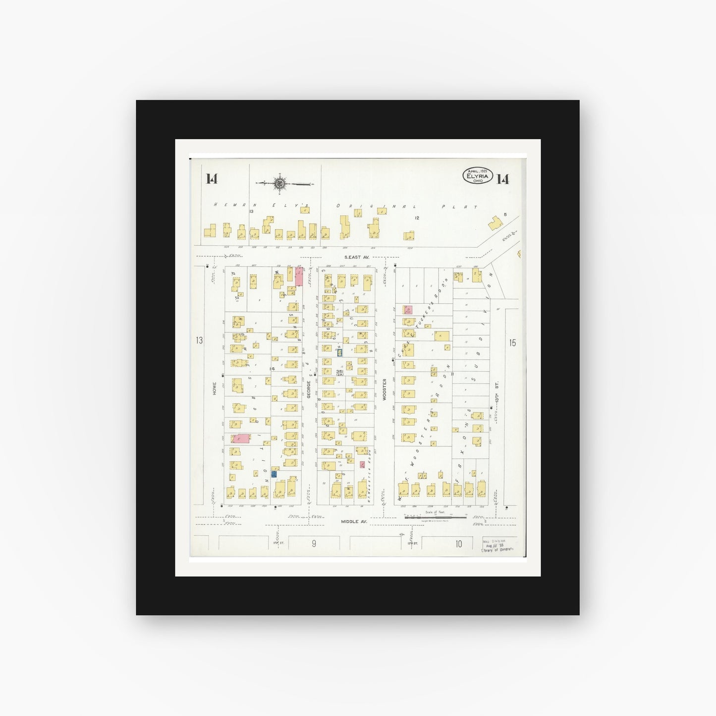 Old map wall art mockup — black gallery frame with white mat — Sanborn Fire Insurance Map from Elyria, Lorain County, Ohio (1925), Sheet #0014