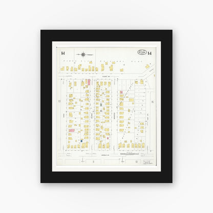 Old map wall art mockup — black gallery frame with white mat — Sanborn Fire Insurance Map from Elyria, Lorain County, Ohio (1925), Sheet #0014