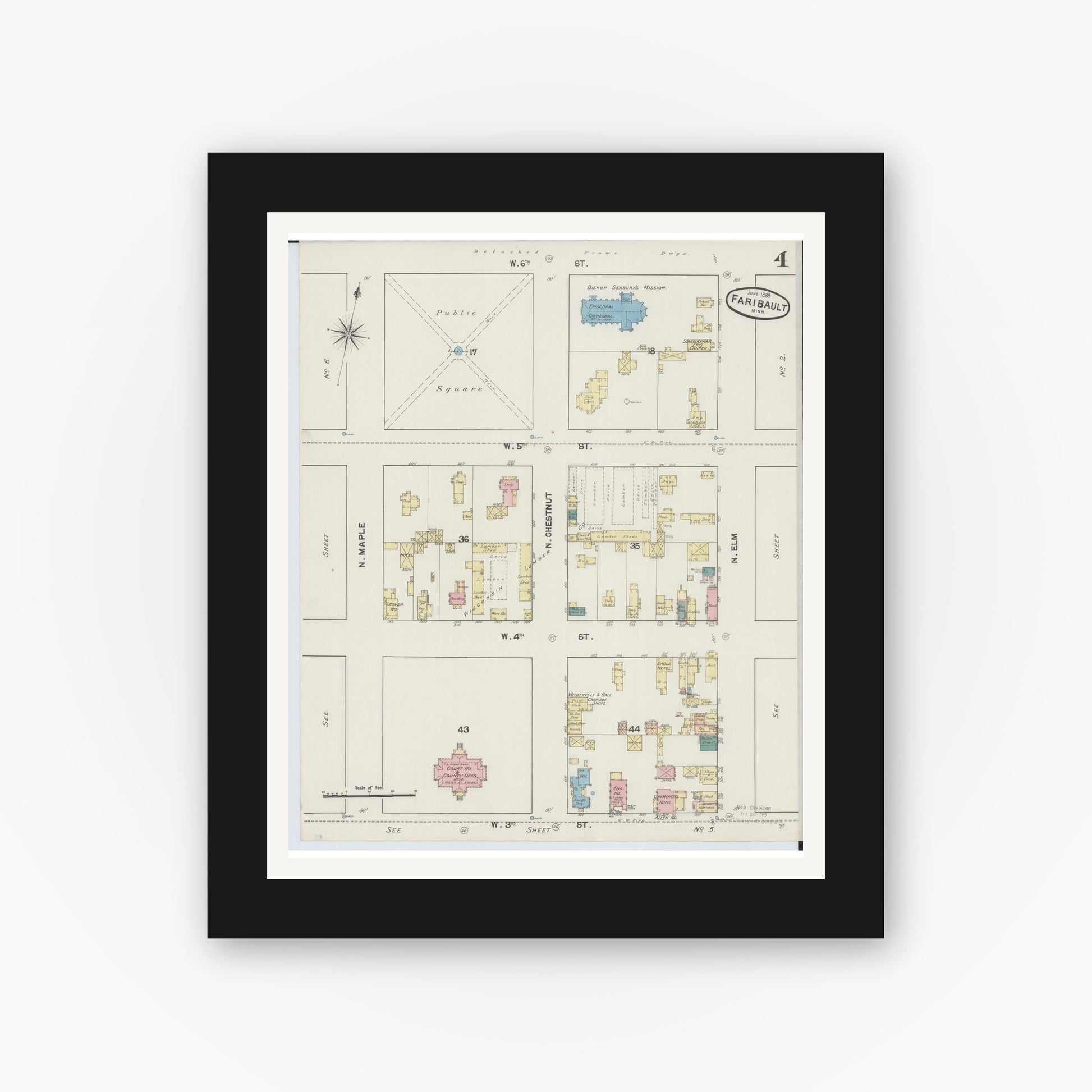 Old map wall art mockup — black gallery frame with white mat — Sanborn Fire Insurance Map from Faribault, Rice County, Minnesota (1889), Sheet #0004