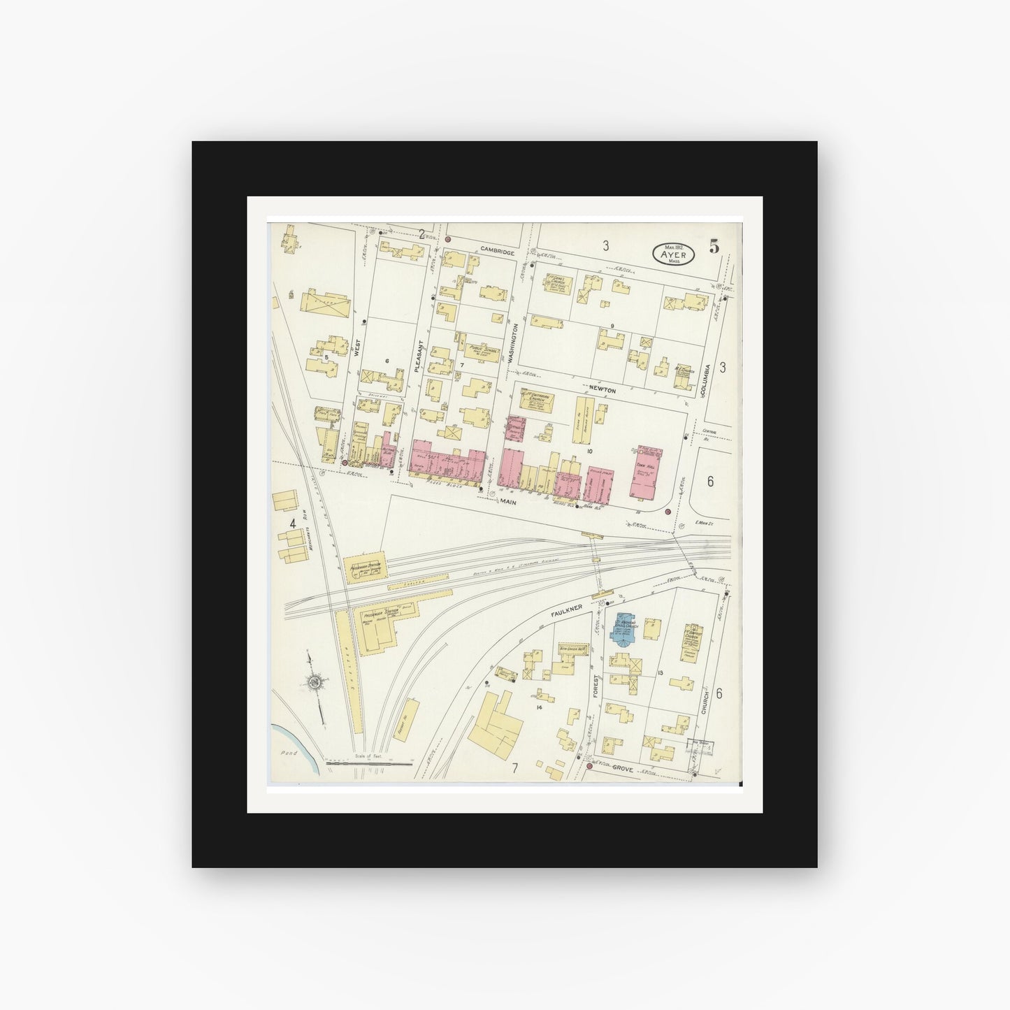 Old map wall art mockup — black gallery frame with white mat — Sanborn Fire Insurance Map from Ayer, Middlesex County, Massachusetts (1912), Sheet #0005