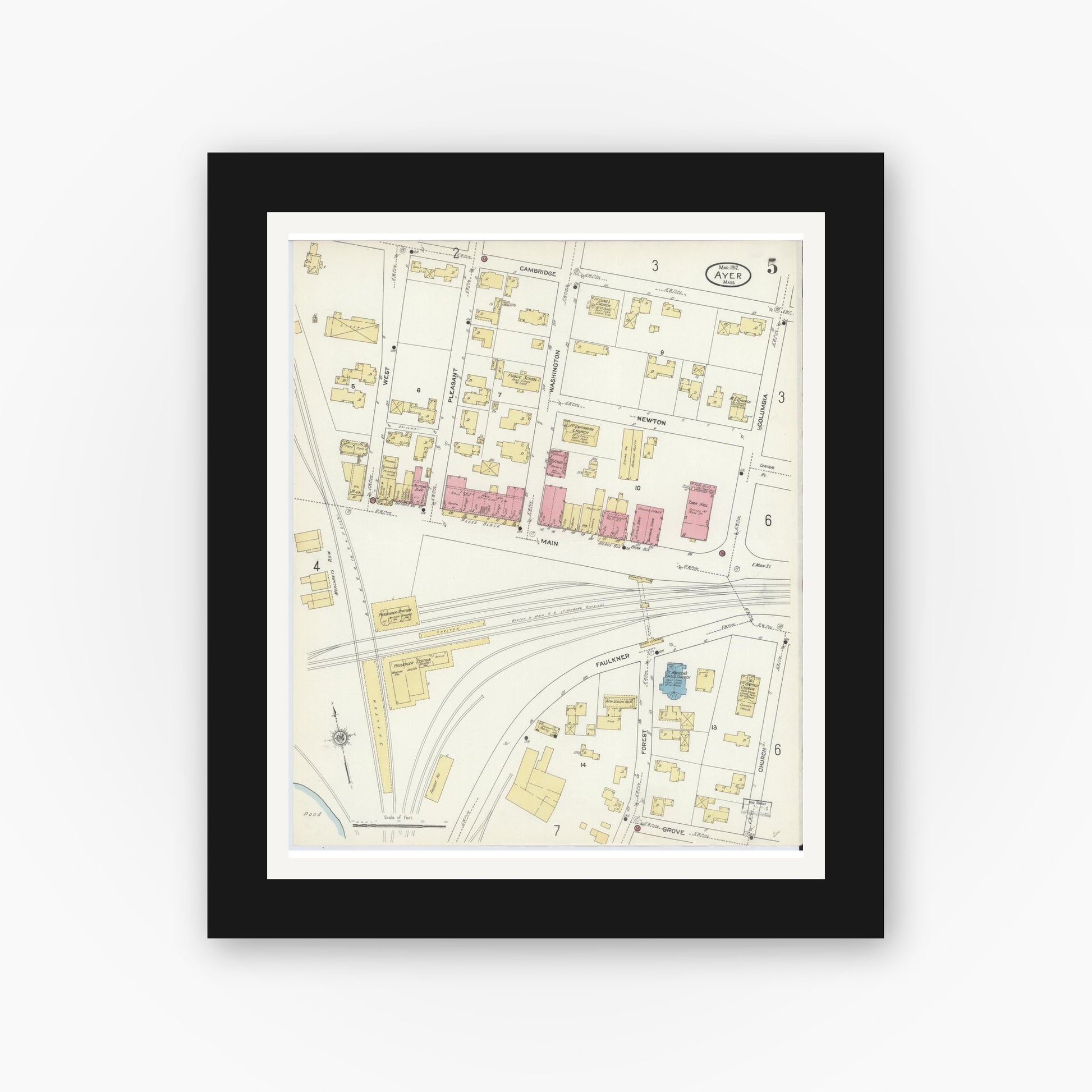 Old map wall art mockup — black gallery frame with white mat — Sanborn Fire Insurance Map from Ayer, Middlesex County, Massachusetts (1912), Sheet #0005