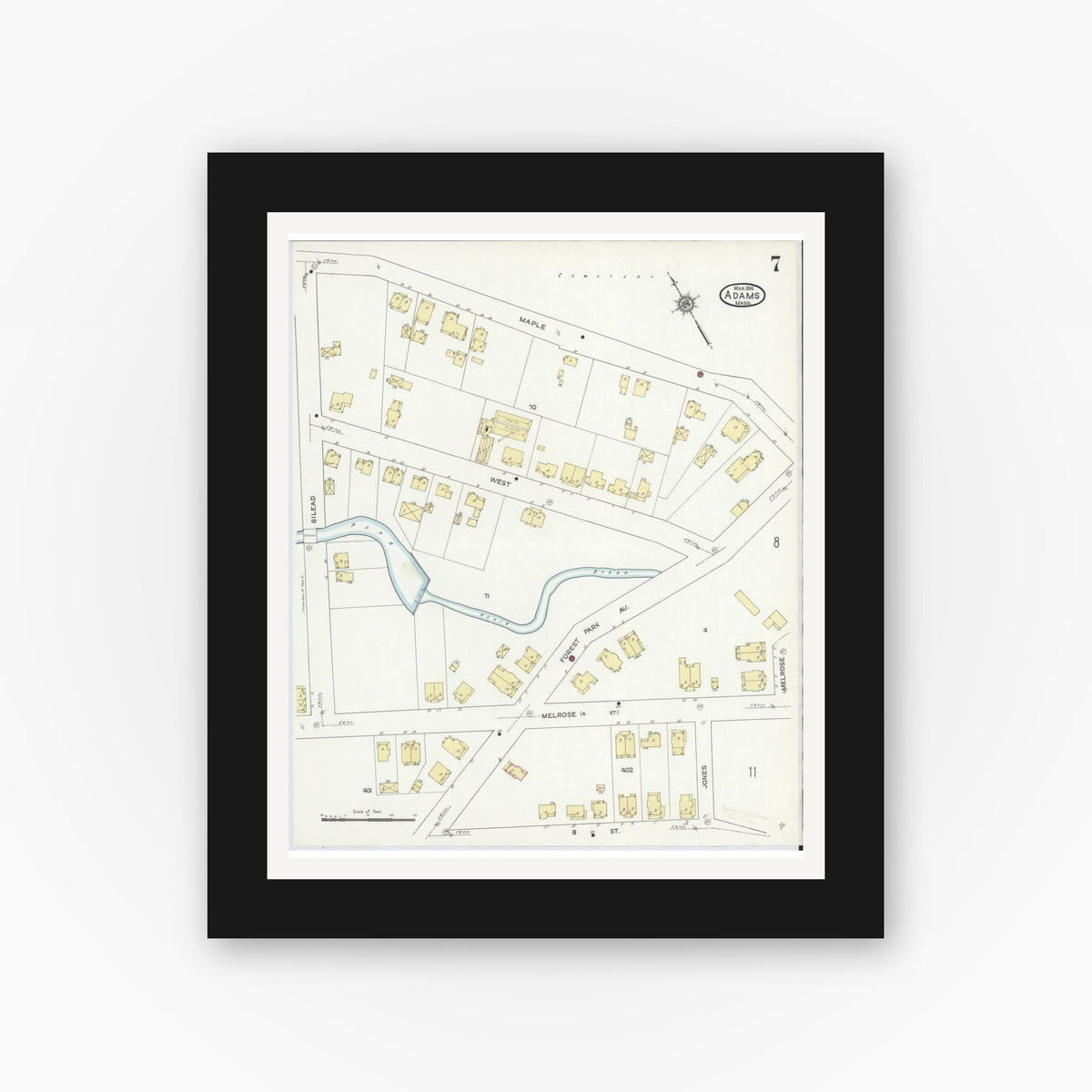 Old map wall art mockup — black gallery frame with white mat — Sanborn Fire Insurance Map from Adams, Berkshire County, Massachusetts (1914), Sheet #0007