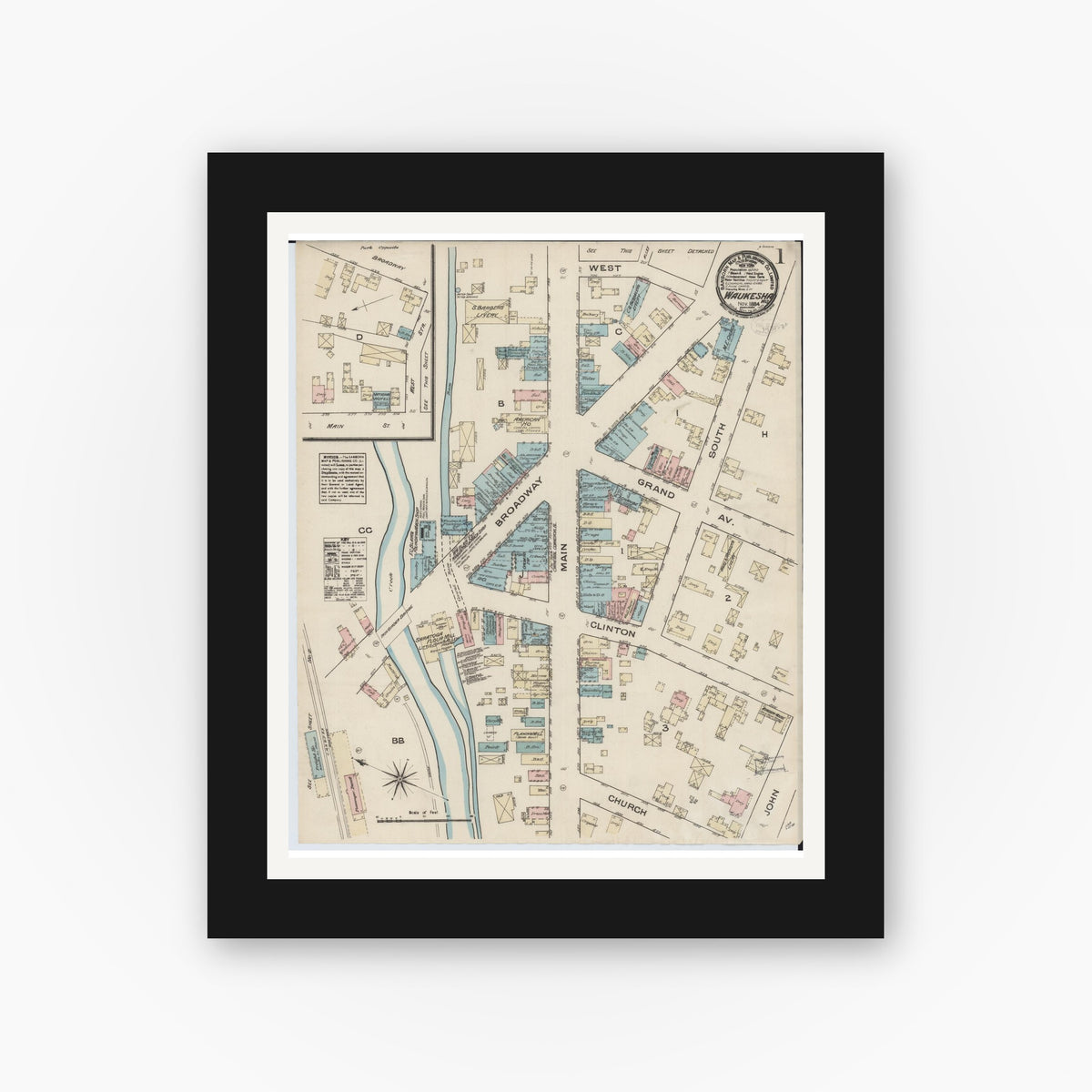 Old map wall art mockup — black gallery frame with white mat — Sanborn Fire Insurance Map from Waukesha, Waukesha County, Wisconsin (1884), Sheet #0001