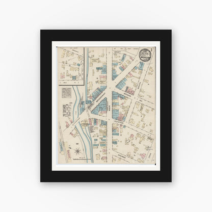 Old map wall art mockup — black gallery frame with white mat — Sanborn Fire Insurance Map from Waukesha, Waukesha County, Wisconsin (1884), Sheet #0001