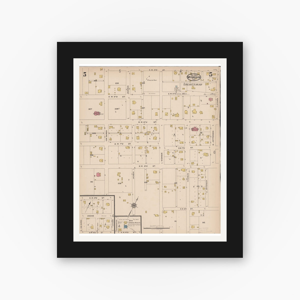 Old map wall art mockup — black gallery frame with white mat — Sanborn Fire Insurance Map from McGregor, McLennan County, Texas (1922), Sheet #0005