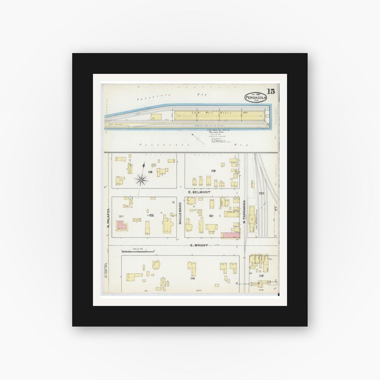 Old map wall art mockup — black gallery frame with white mat — Sanborn Fire Insurance Map from Pensacola, Escambia County, Florida (1892), Sheet #0015