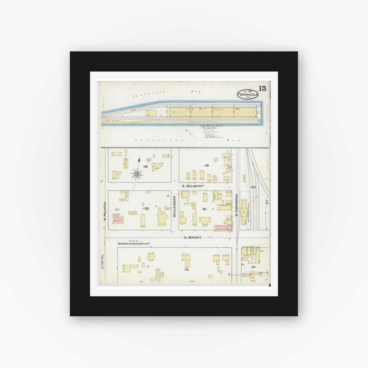 Old map wall art mockup — black gallery frame with white mat — Sanborn Fire Insurance Map from Pensacola, Escambia County, Florida (1892), Sheet #0015