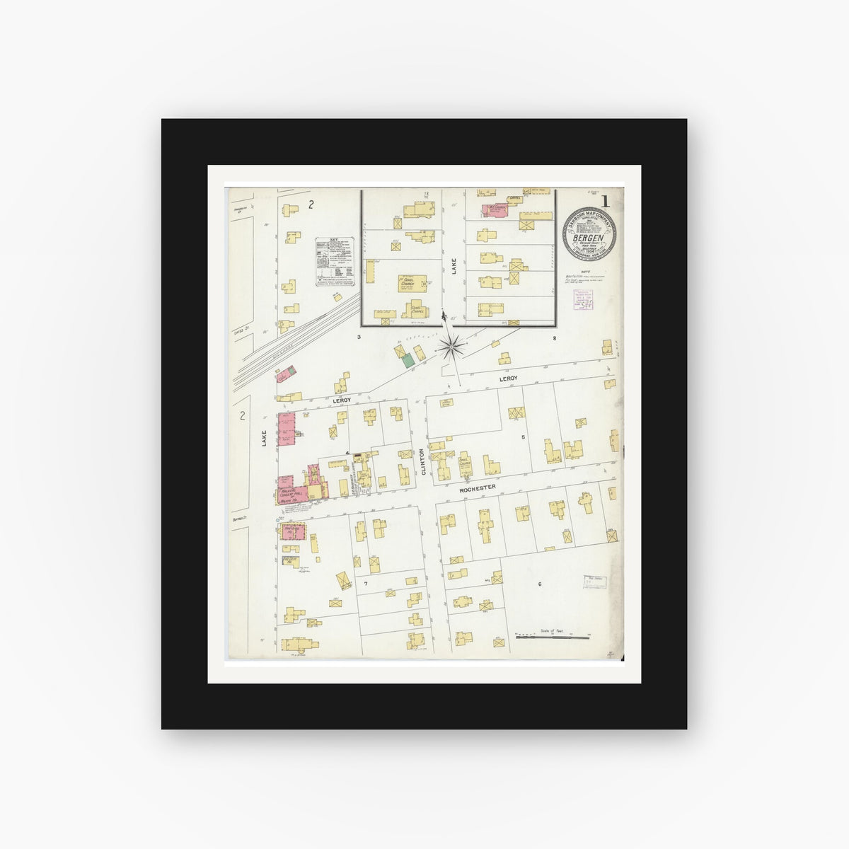 Old map wall art mockup — black gallery frame with white mat — Sanborn Fire Insurance Map from Bergen, Genesee County, New York (1904), Sheet #0001