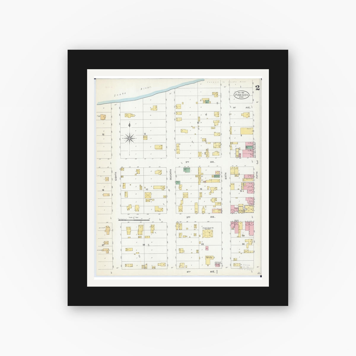 Old map wall art mockup — black gallery frame with white mat — Sanborn Fire Insurance Map from Pine City, Pine County, Minnesota (1904), Sheet #0002