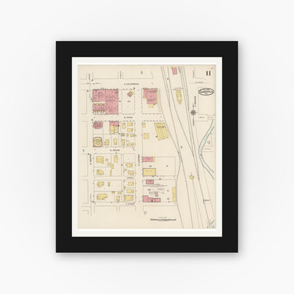Old map wall art mockup — black gallery frame with white mat — Sanborn Fire Insurance Map from Gainesville, Cooke County, Texas (1922), Sheet #0011