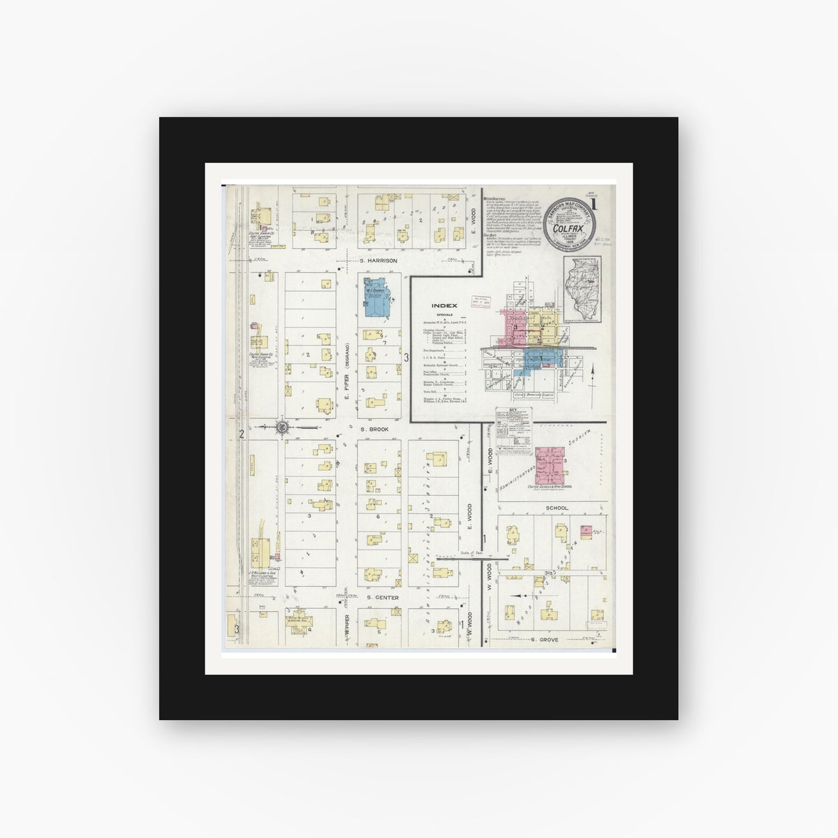 Old map wall art mockup — black gallery frame with white mat — Sanborn Fire Insurance Map from Colfax, McLean County, Illinois (1914) - Complete Map Set