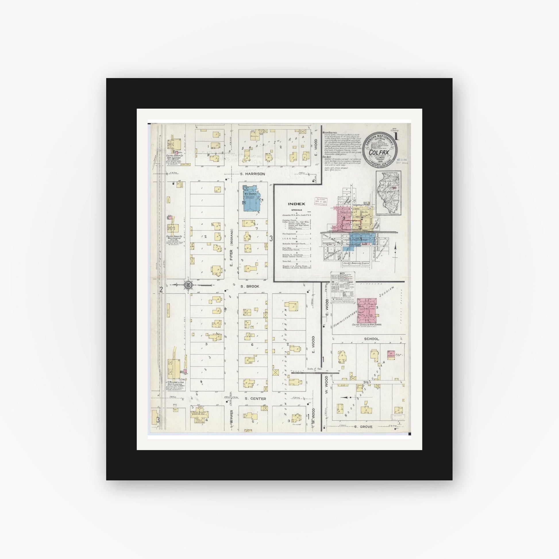 Old map wall art mockup — black gallery frame with white mat — Sanborn Fire Insurance Map from Colfax, McLean County, Illinois (1914) - Complete Map Set