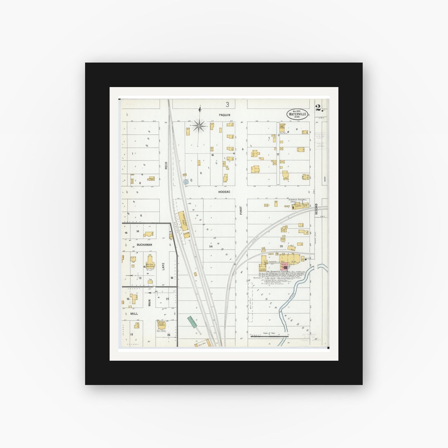 Old map wall art mockup — black gallery frame with white mat — Sanborn Fire Insurance Map from Waterville, Le Sueur County, Minnesota (1900), Sheet #0002