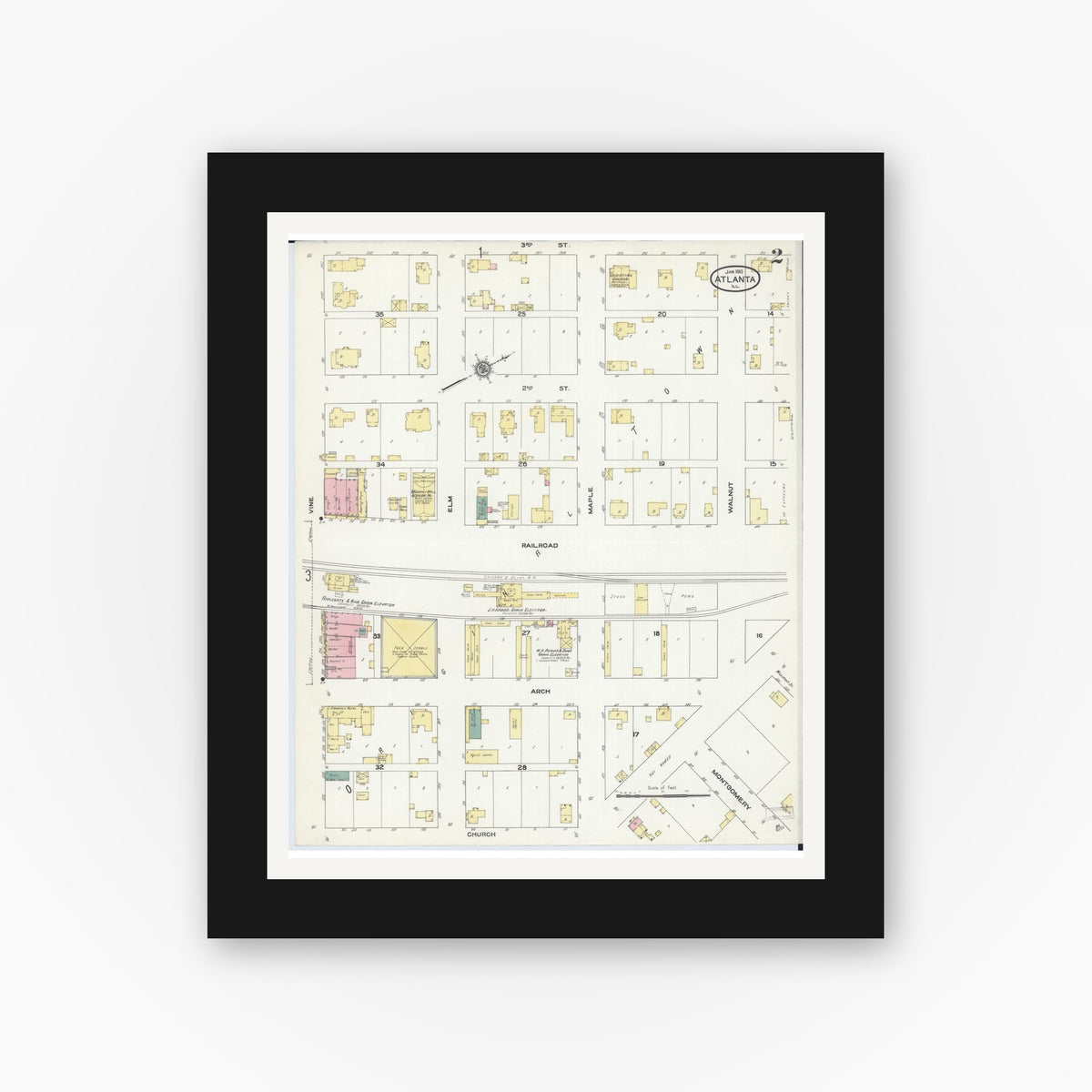 Old map wall art mockup — black gallery frame with white mat — Sanborn Fire Insurance Map from Atlanta, Logan County, Illinois (1910), Sheet #0002