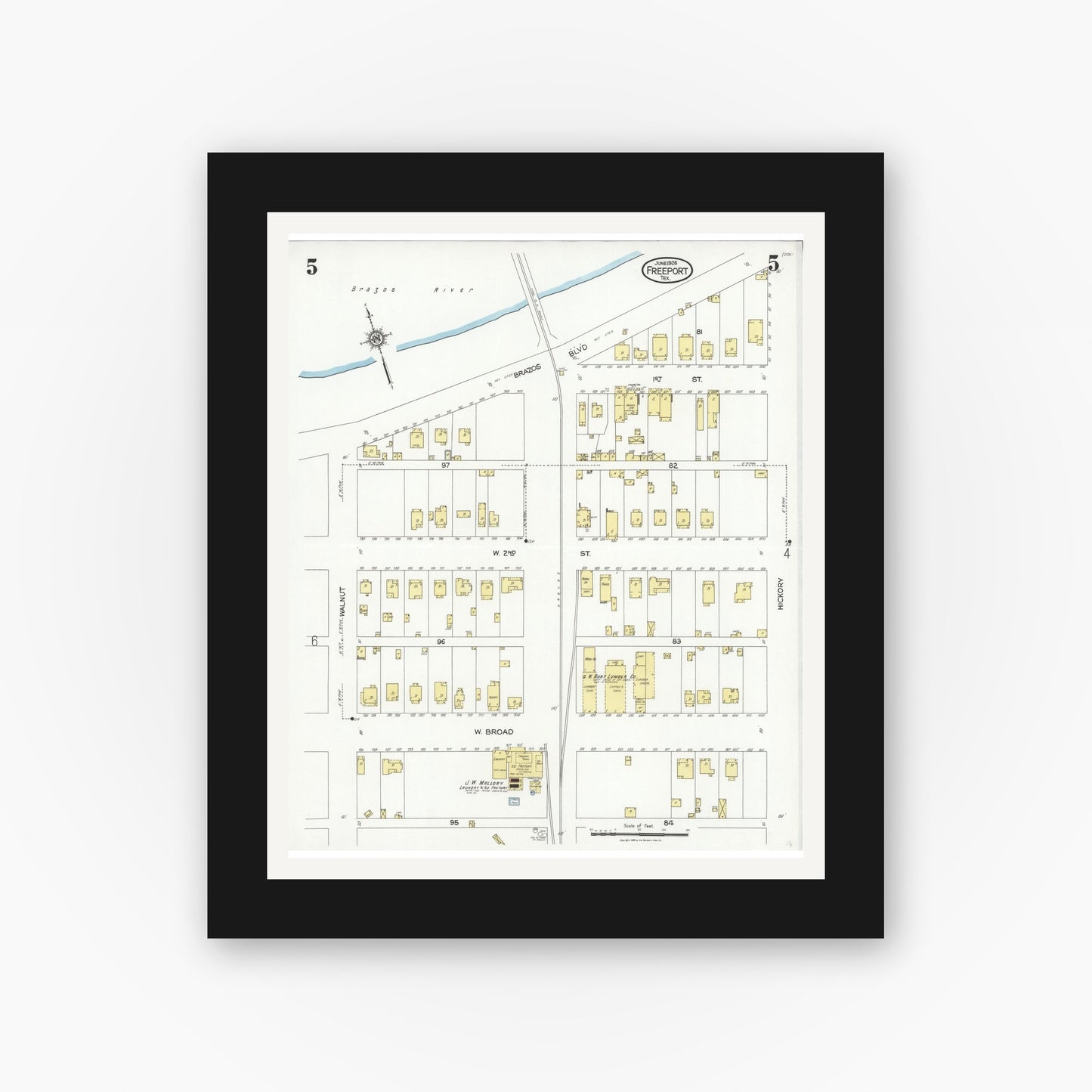 Old map wall art mockup — black gallery frame with white mat — Sanborn Fire Insurance Map from Freeport, Brazoria County, Texas (1926), Sheet #0005