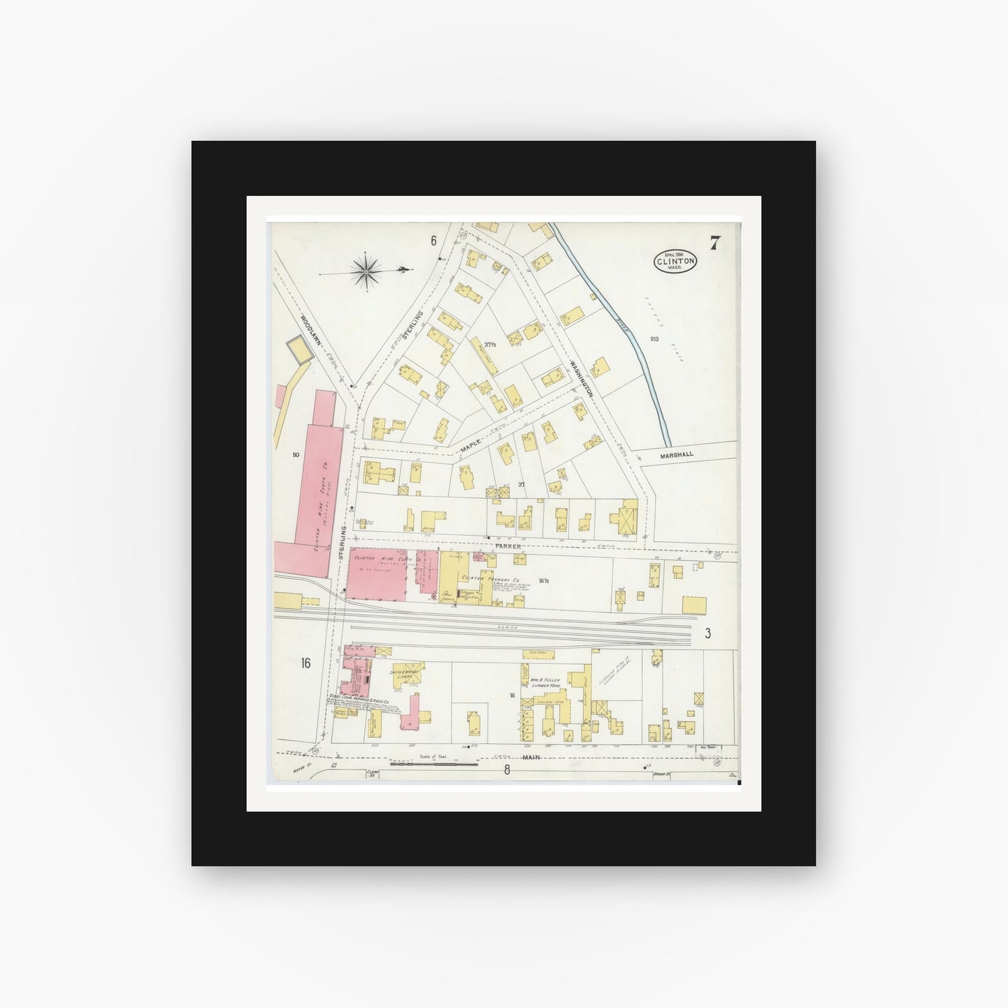 Old map wall art mockup — black gallery frame with white mat — Sanborn Fire Insurance Map from Clinton, Worcester County, Massachusetts (1904), Sheet #0007