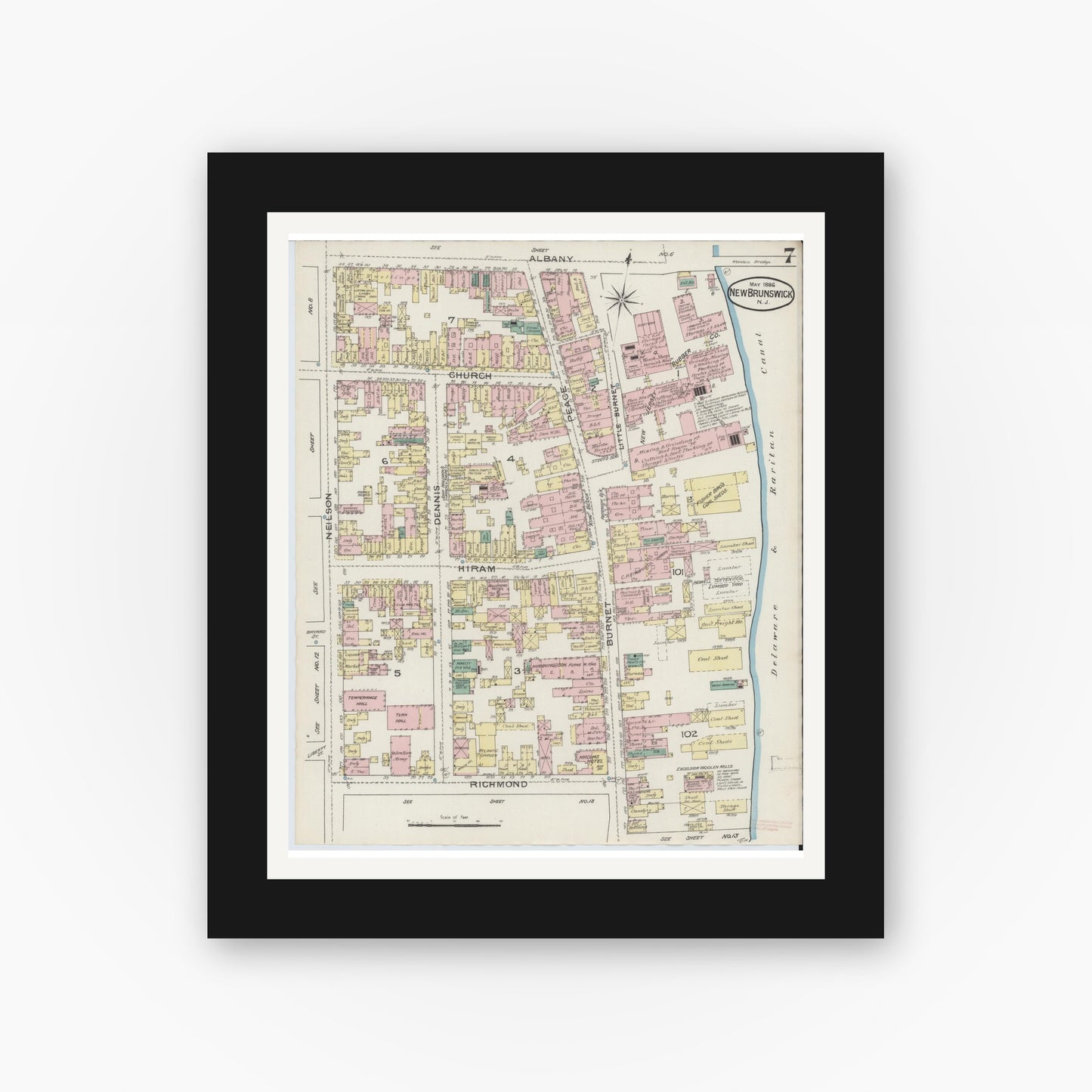 Old map wall art mockup — black gallery frame with white mat — Sanborn Fire Insurance Map from New Brunswick, Middlesex County, New Jersey (1886), Sheet #0007