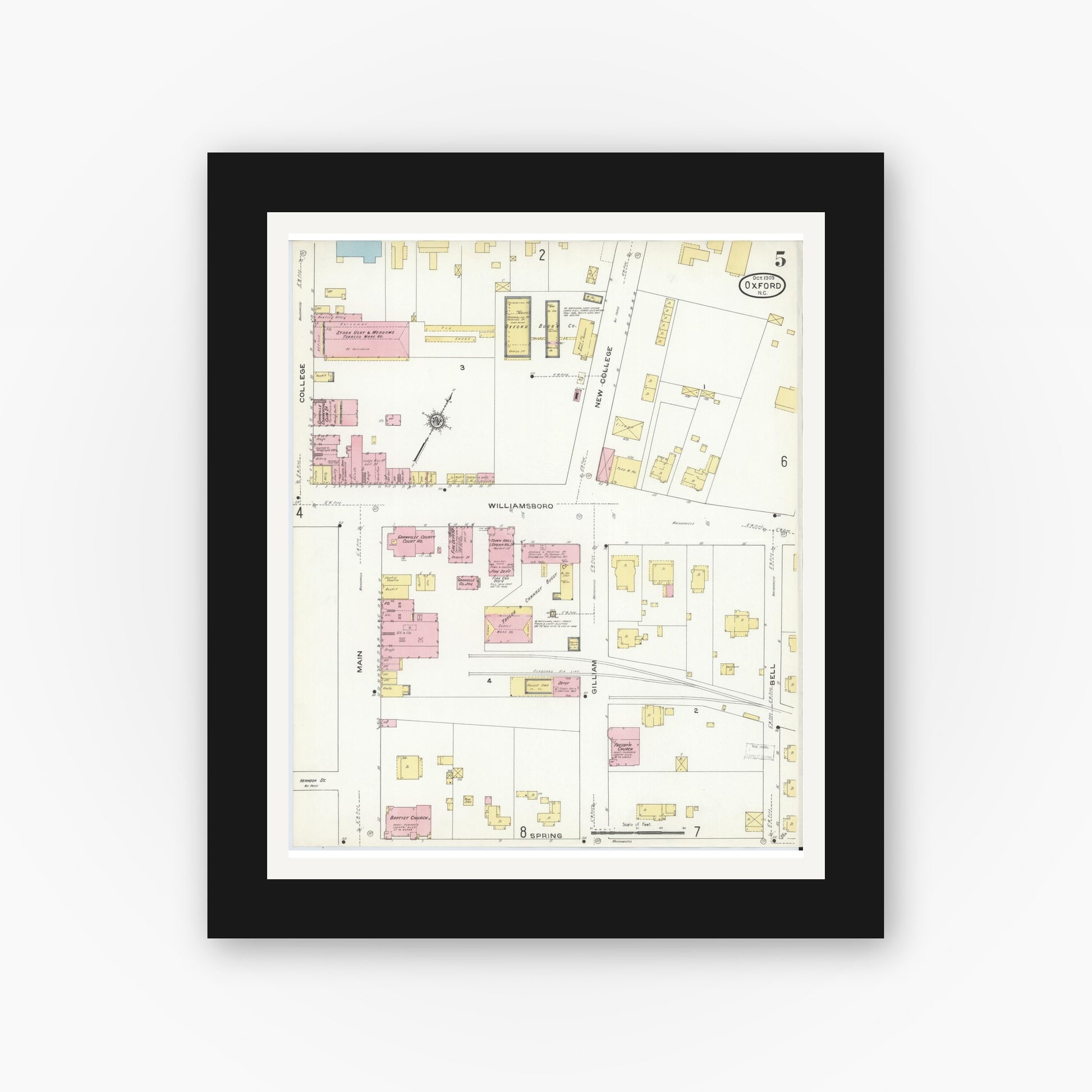Old map wall art mockup — black gallery frame with white mat — Sanborn Fire Insurance Map from Oxford, Granville County, North Carolina (1909), Sheet #0005