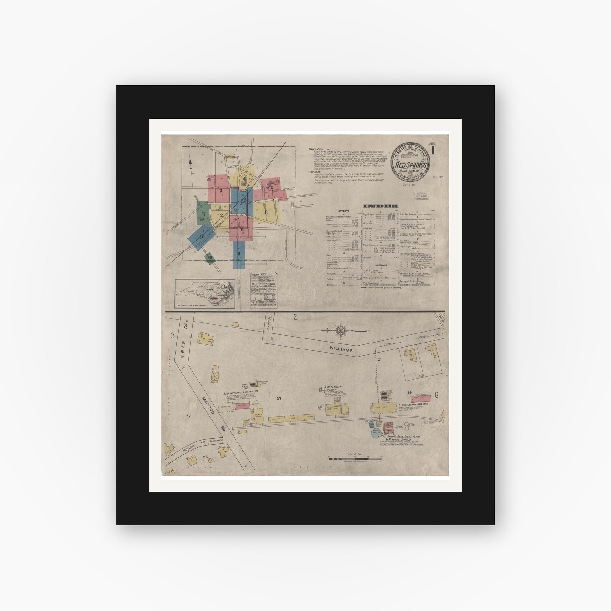 Old map wall art mockup — black gallery frame with white mat — Sanborn Fire Insurance Map from Red Springs, Robeson County, North Carolina (1922) - Complete Map Set