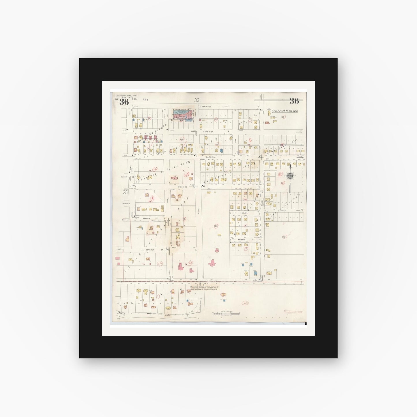 Old map wall art mockup — black gallery frame with white mat — Sanborn Fire Insurance Map from Michigan City, La Porte County, Indiana (1948), Sheet #0036