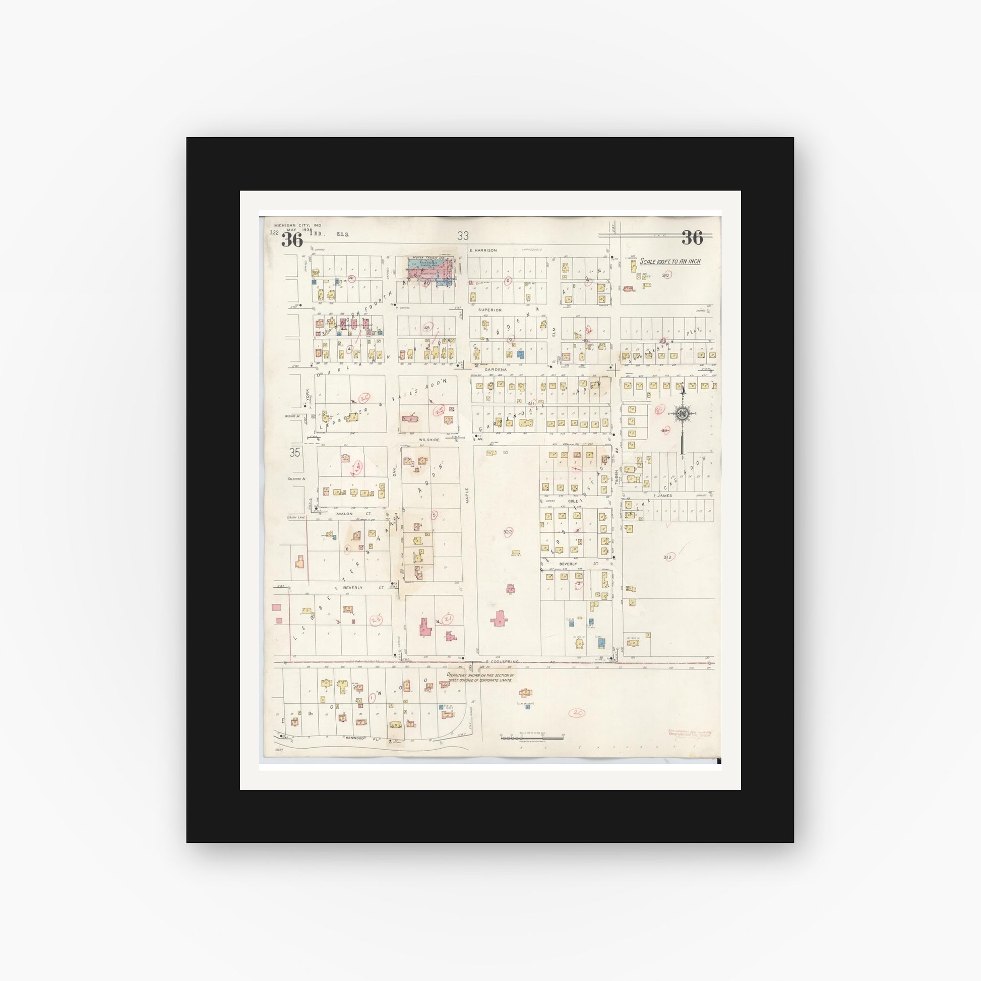 Old map wall art mockup — black gallery frame with white mat — Sanborn Fire Insurance Map from Michigan City, La Porte County, Indiana (1948), Sheet #0036