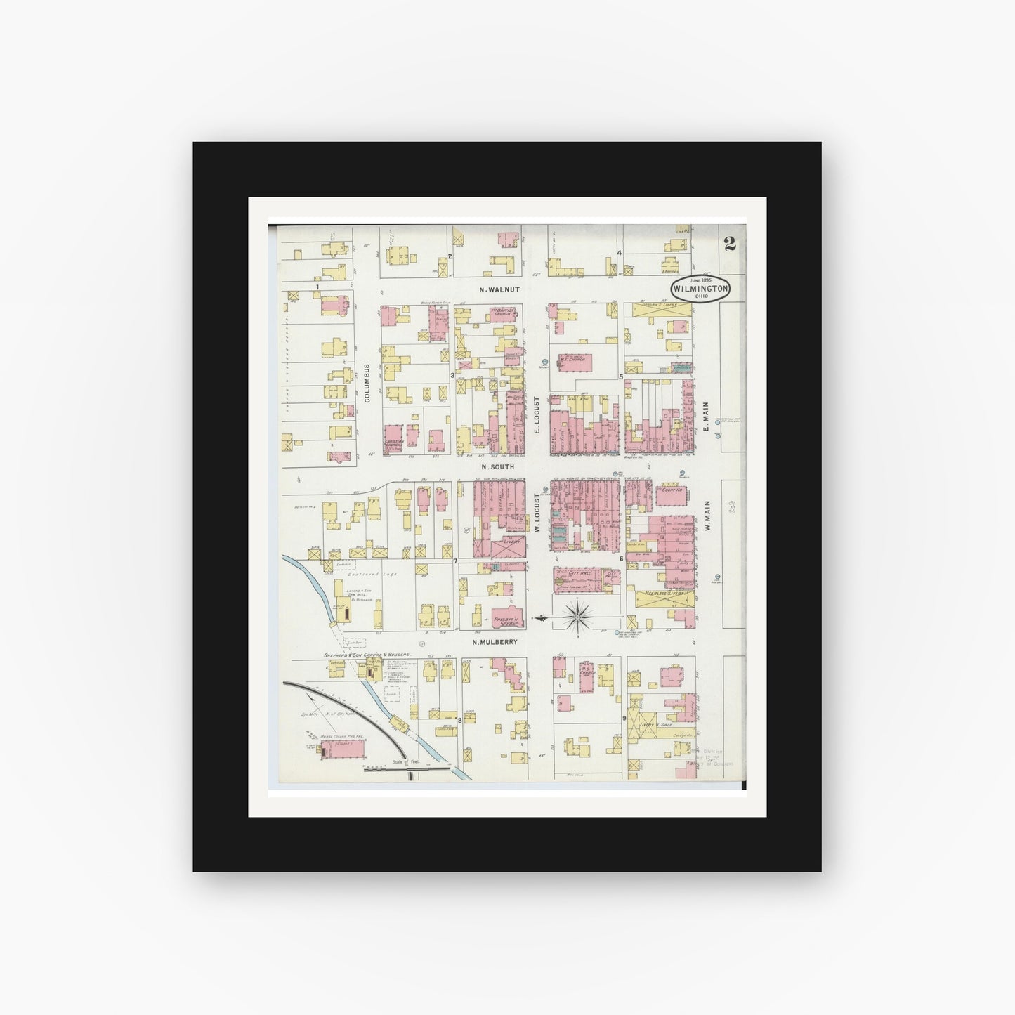 Old map wall art mockup — black gallery frame with white mat — Sanborn Fire Insurance Map from Wilmington, Clinton County, Ohio (1895), Sheet #0002