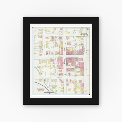 Old map wall art mockup — black gallery frame with white mat — Sanborn Fire Insurance Map from Wilmington, Clinton County, Ohio (1895), Sheet #0002