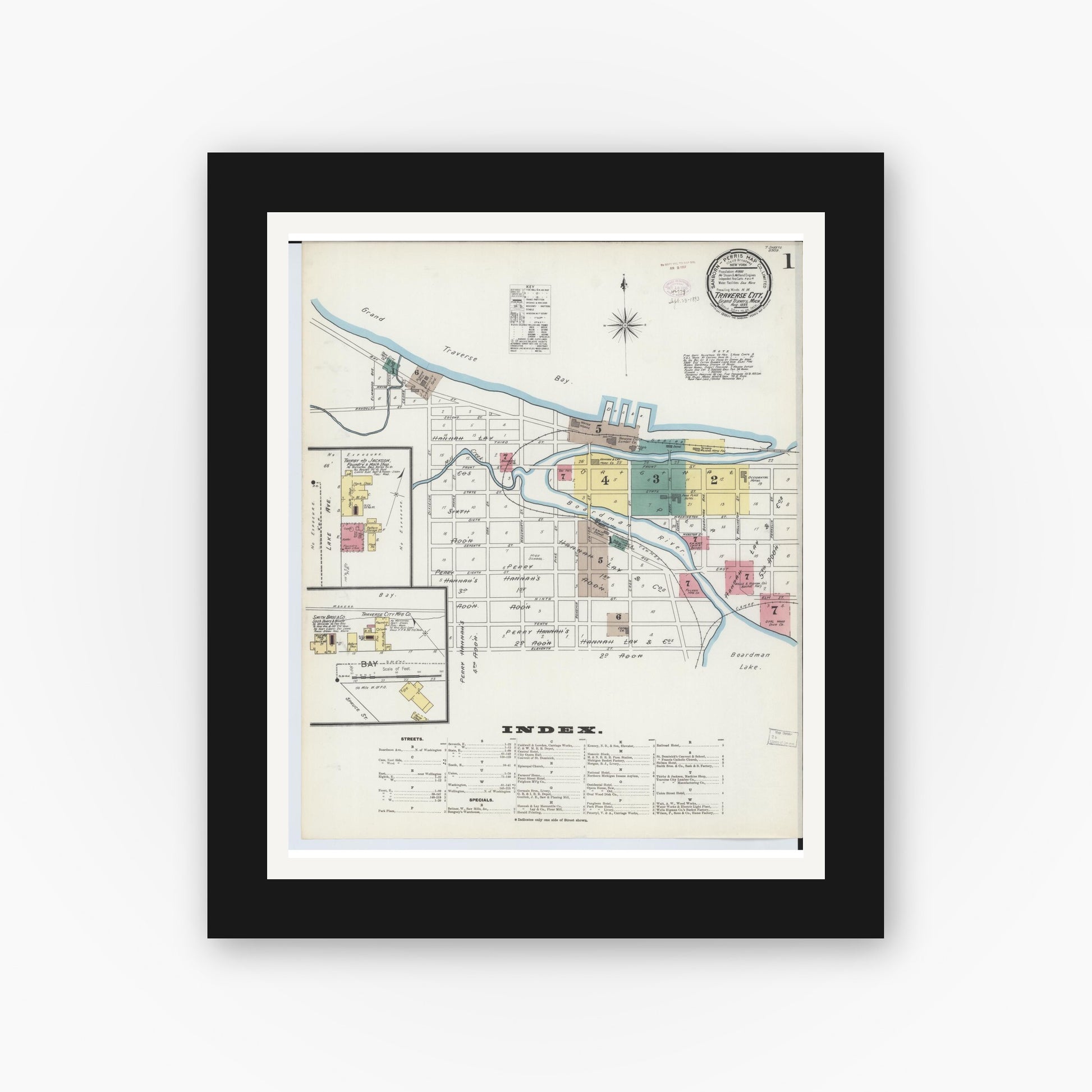 Old map wall art mockup — black gallery frame with white mat — Sanborn Fire Insurance Map from Traverse City, Grand Traverse County, Michigan (1893), Sheet #0001