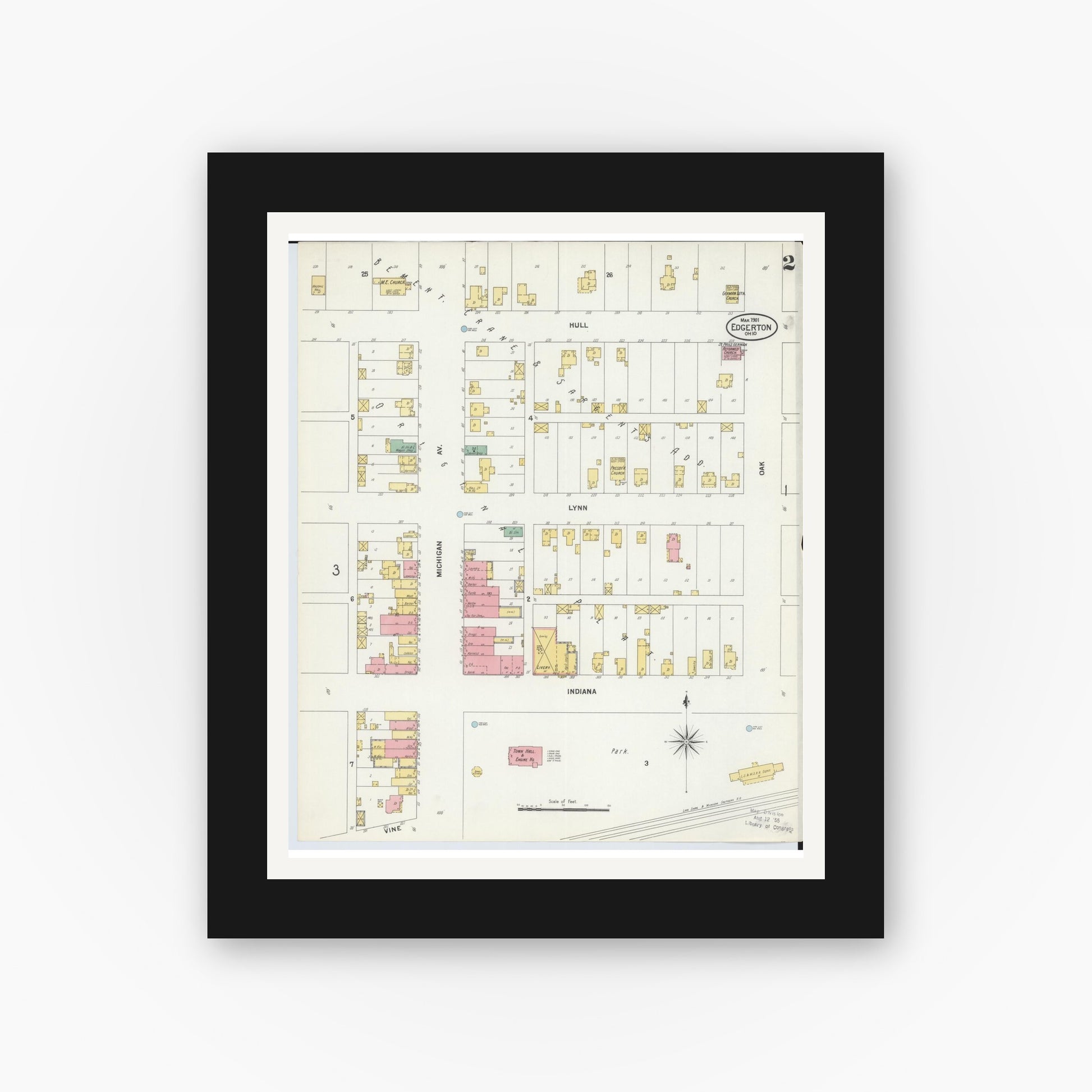Old map wall art mockup — black gallery frame with white mat — Sanborn Fire Insurance Map from Edgerton, Williams County, Ohio (1901), Sheet #0002