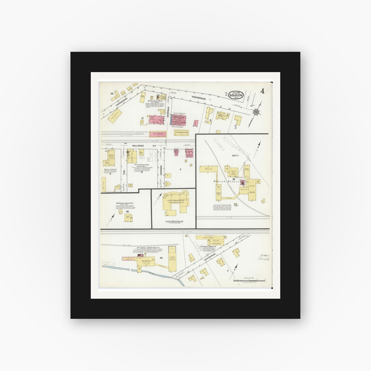 Old map wall art mockup — black gallery frame with white mat — Sanborn Fire Insurance Map from Marion, Mcdowell County, North Carolina (1918), Sheet #0004