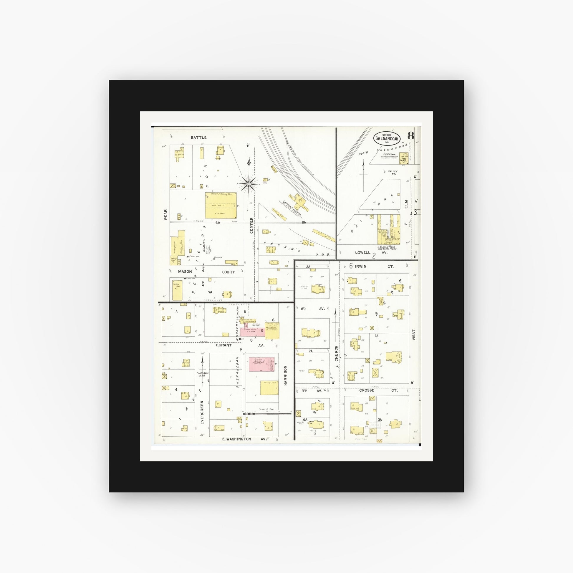 Old map wall art mockup — black gallery frame with white mat — Sanborn Fire Insurance Map from Shenandoah, Page County, Iowa (1901), Sheet #0008