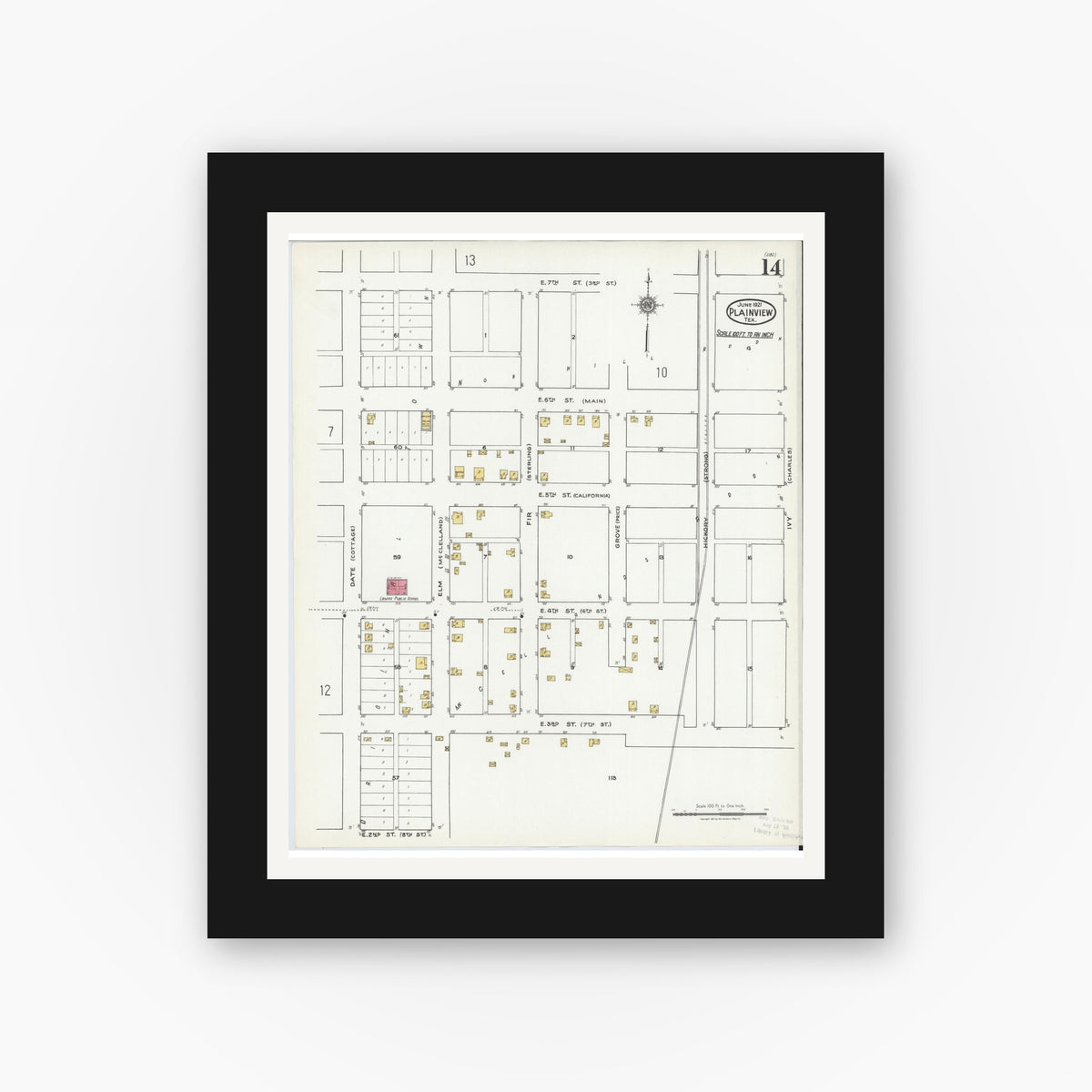 Old map wall art mockup — black gallery frame with white mat — Sanborn Fire Insurance Map from Plainview, Hale County, Texas (1921), Sheet #0014