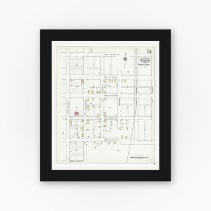 Old map wall art mockup — black gallery frame with white mat — Sanborn Fire Insurance Map from Plainview, Hale County, Texas (1921), Sheet #0014