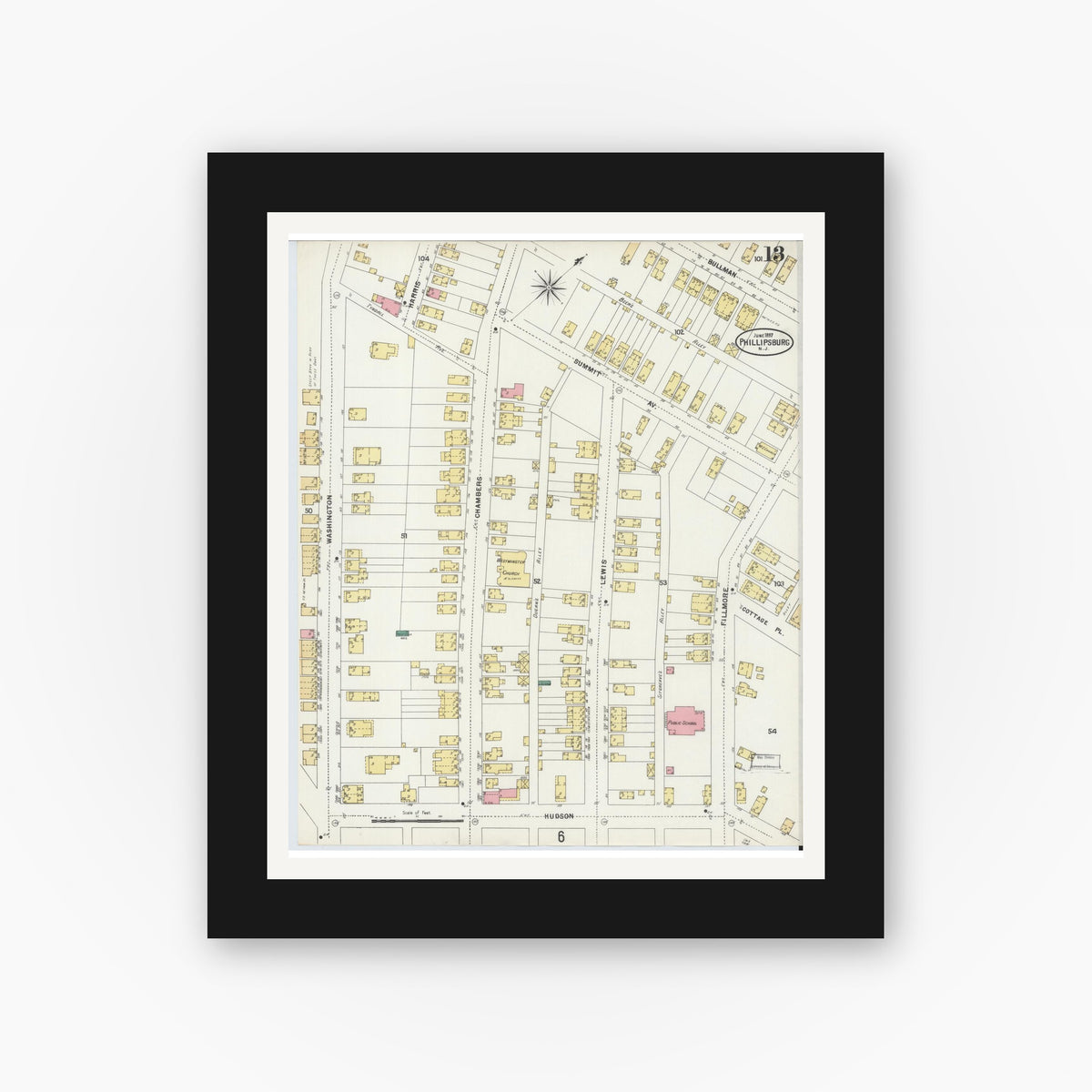 Old map wall art mockup — black gallery frame with white mat — Sanborn Fire Insurance Map from Phillipsburg, Warren County, New Jersey (1897), Sheet #0013