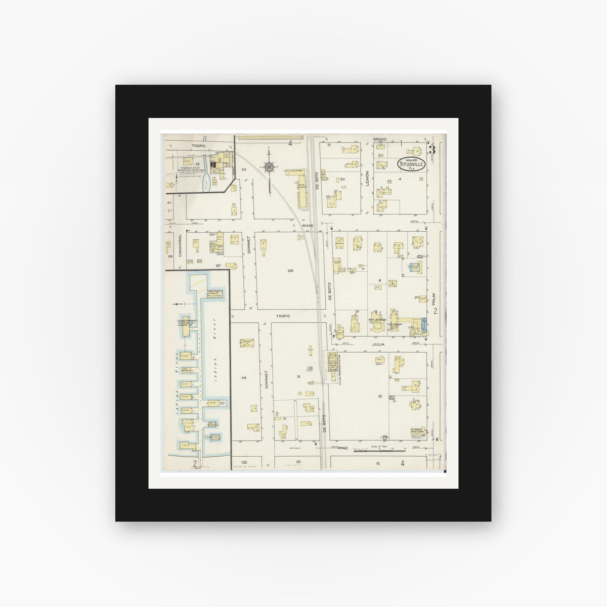 Old map wall art mockup — black gallery frame with white mat — Sanborn Fire Insurance Map from Titusville, Brevard County, Florida (1915), Sheet #0003
