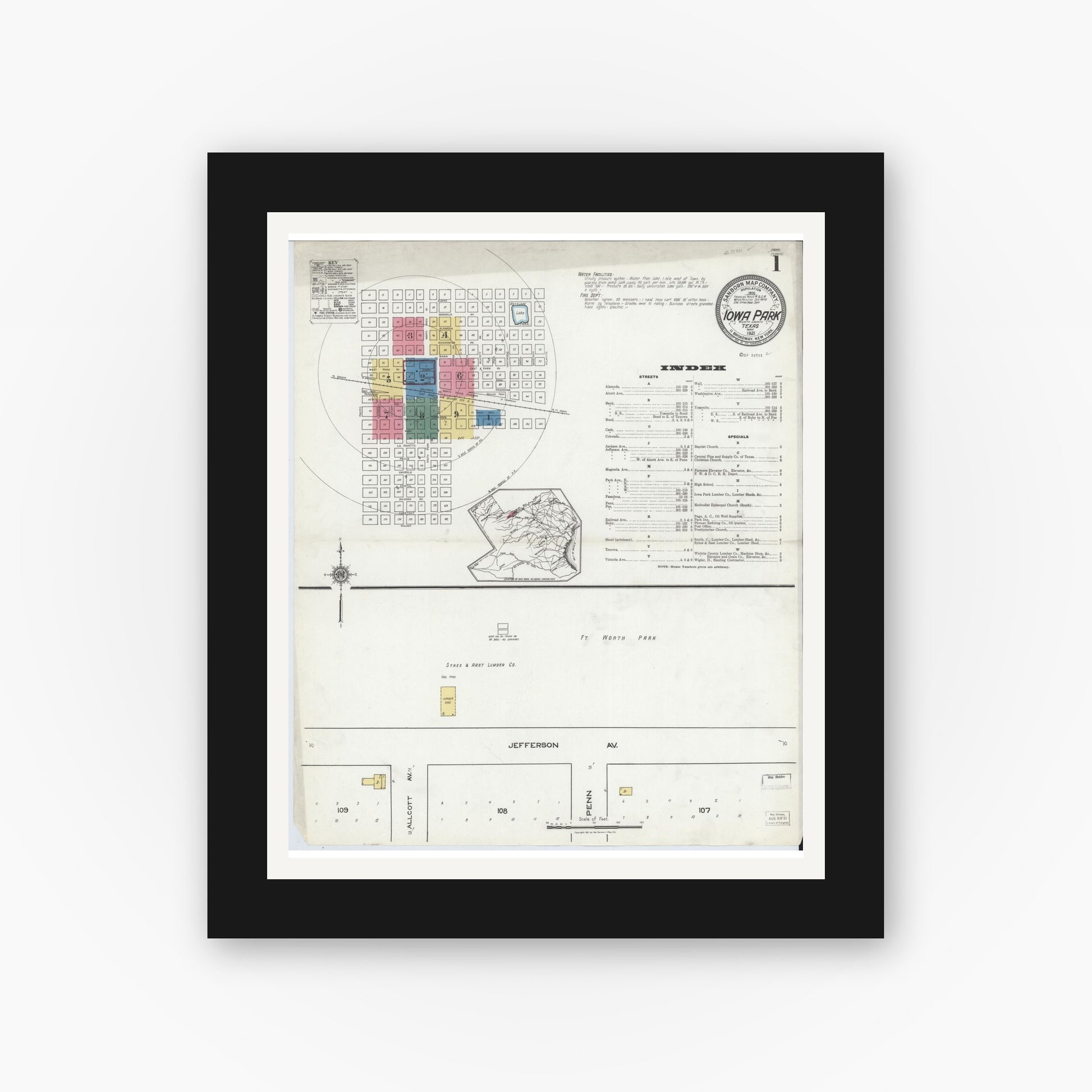 Old map wall art mockup — black gallery frame with white mat — Sanborn Fire Insurance Map from Iowa Park, Wichita County, Texas (1921), Sheet #0001