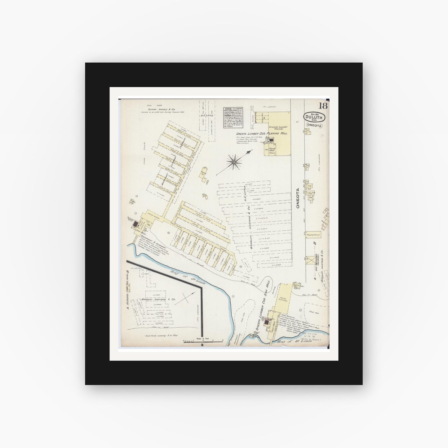 Old map wall art mockup — black gallery frame with white mat — Sanborn Fire Insurance Map from Duluth, Saint Louis County, Minnesota (1884), Sheet #0018