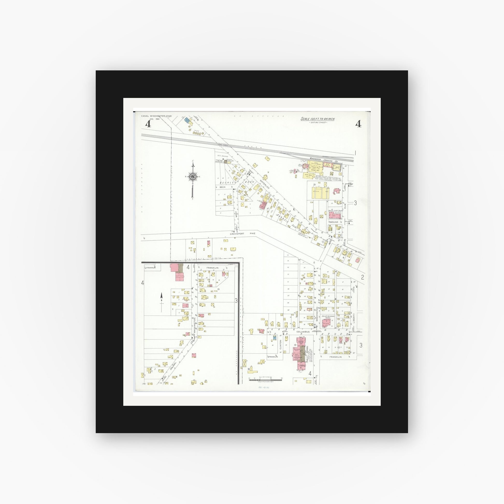 Old map wall art mockup — black gallery frame with white mat — Sanborn Fire Insurance Map from Canal Winchester, Franklin County, Ohio (1941), Sheet #0004