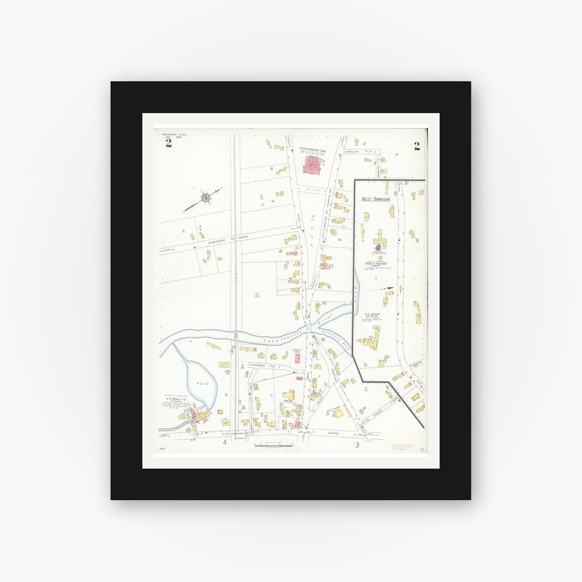 Old map wall art mockup — black gallery frame with white mat — Sanborn Fire Insurance Map from Townsend, Middlesex County, Massachusetts (1936), Sheet #0002