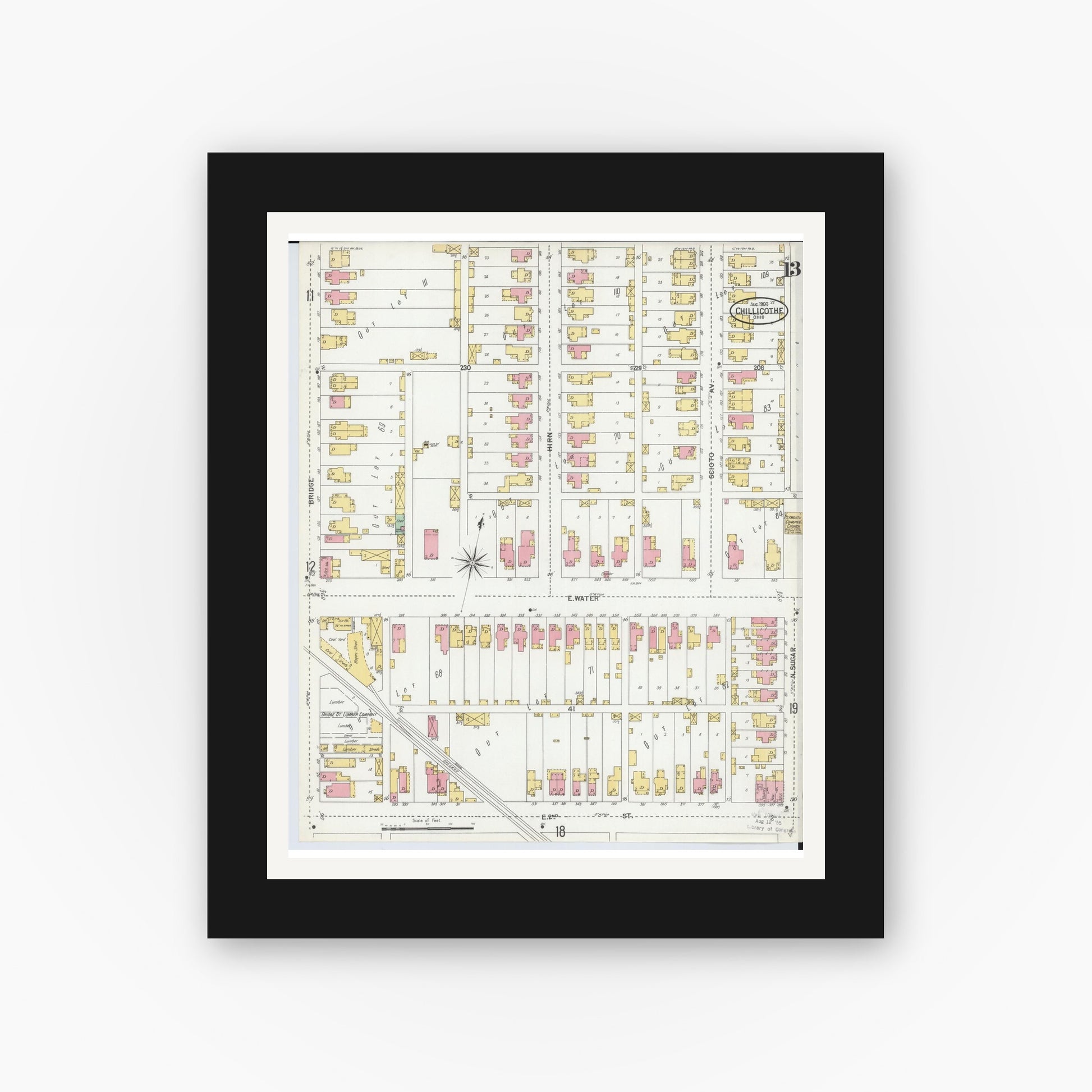 Old map wall art mockup — black gallery frame with white mat — Sanborn Fire Insurance Map from Chillicothe, Ross County, Ohio (1900), Sheet #0013