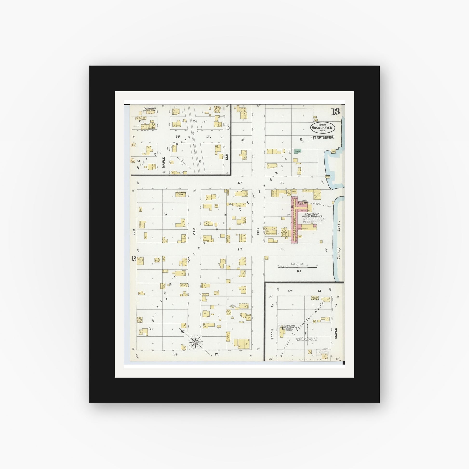 Old map wall art mockup — black gallery frame with white mat — Sanborn Fire Insurance Map from Grand Haven, Ottawa County, Michigan (1899), Sheet #0013