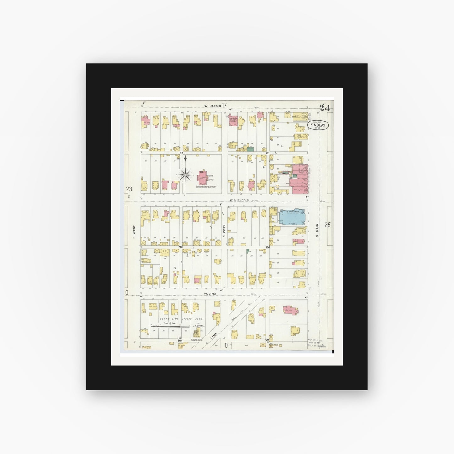 Old map wall art mockup — black gallery frame with white mat — Sanborn Fire Insurance Map from Findlay, Hancock County, Ohio (1901), Sheet #0024