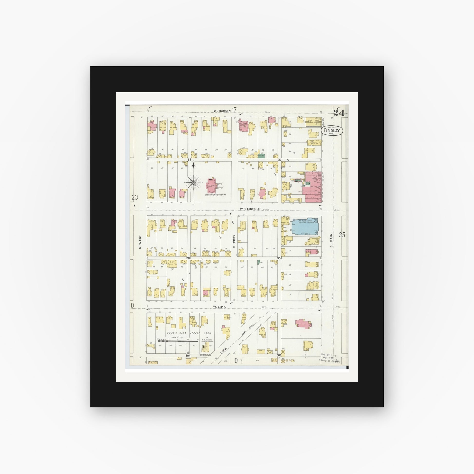 Old map wall art mockup — black gallery frame with white mat — Sanborn Fire Insurance Map from Findlay, Hancock County, Ohio (1901), Sheet #0024